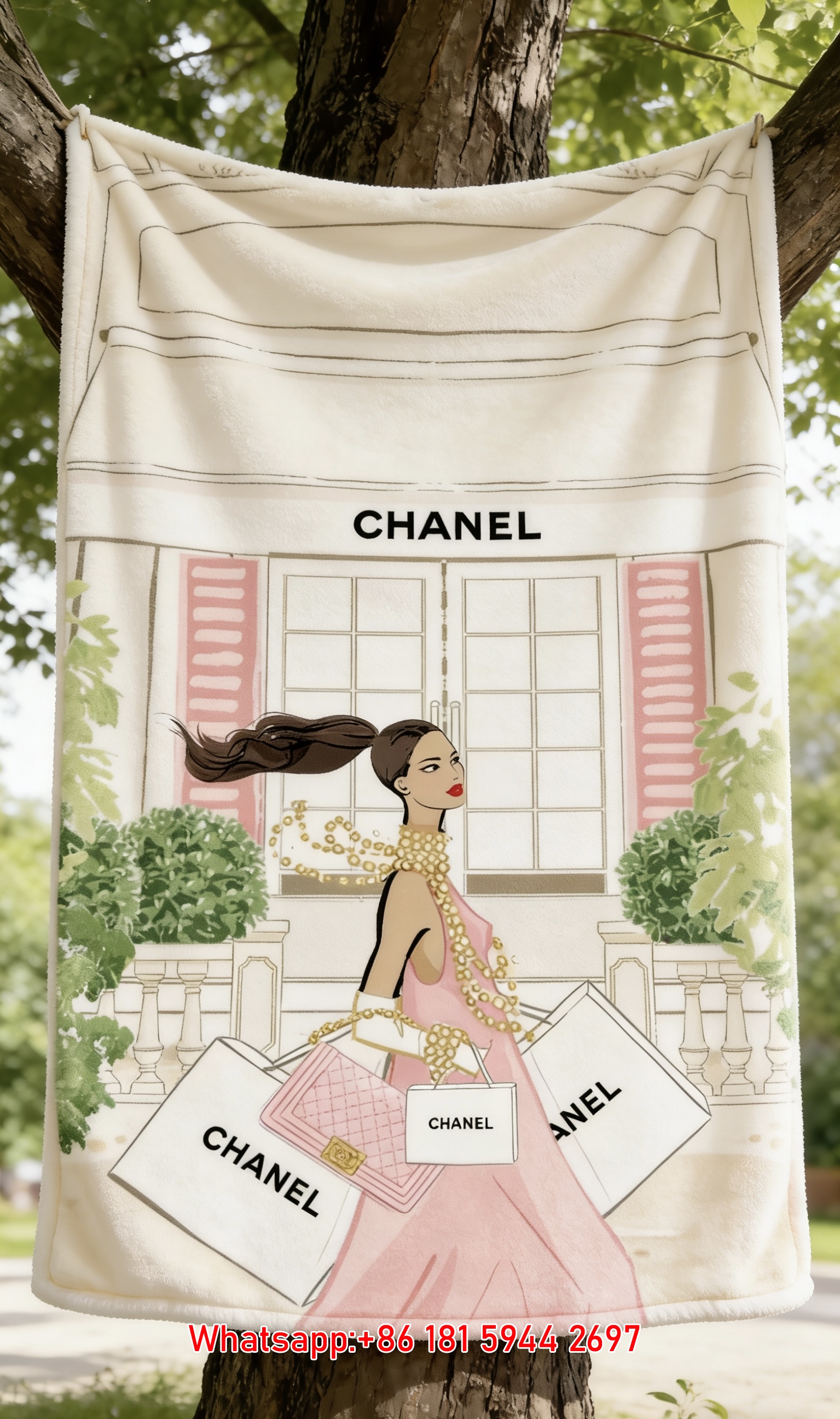 Chanel Paris Boutique Pink Gown Flannel Throw Blanket IMG_6887